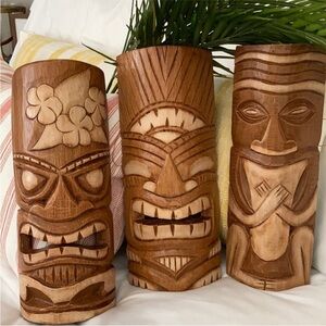 Tiki Mask Carved Wooden Set of 3